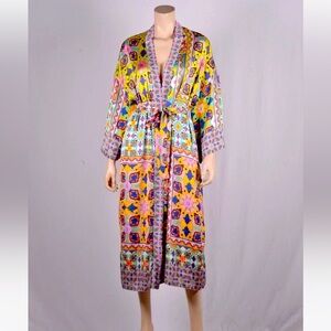 Zara Satin Boho Multi Color Print Kimono with Belt Tie, Size S, New Without Tags